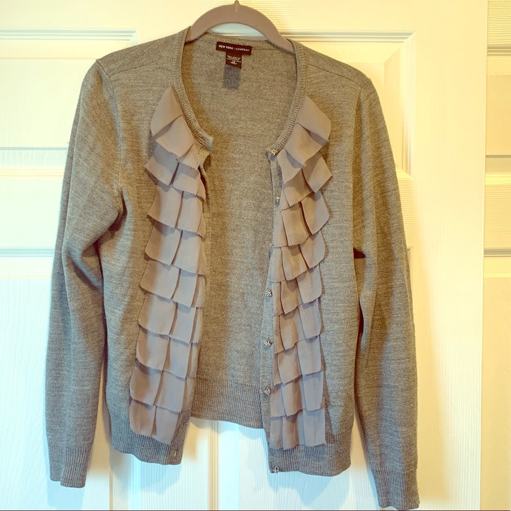 Grey Cardigan With Ruffles and Sparkle Buttons